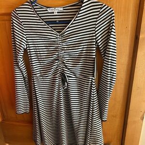 Nordstrom Black & White Striped Long Sleeve Dress ruched front size small NWT